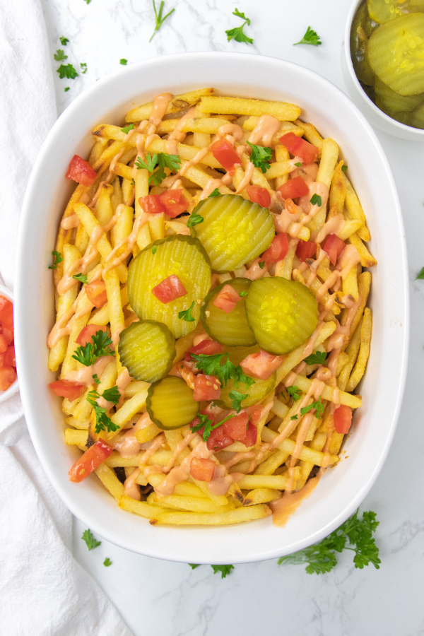 overhead shot of cheeseburger casserole in dish 