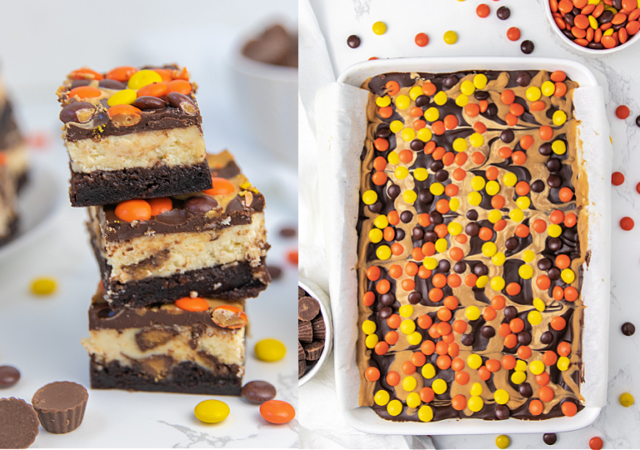 stacked brownies and shot of brownies in pan