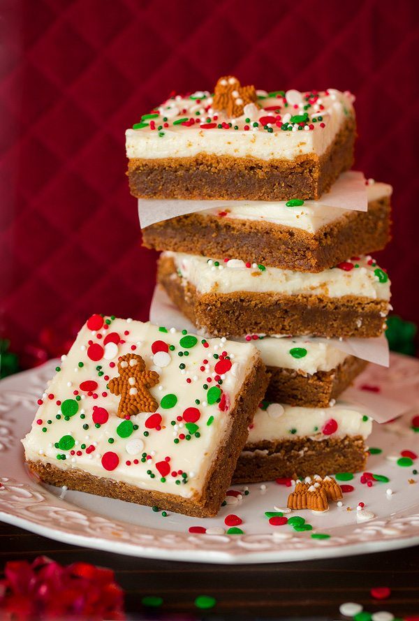 sliced gingerbread bars on the counter stacked up 