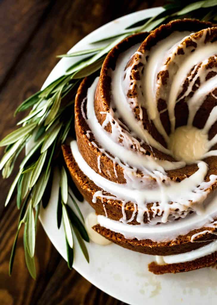 gingerbread bundt cake on a platter 