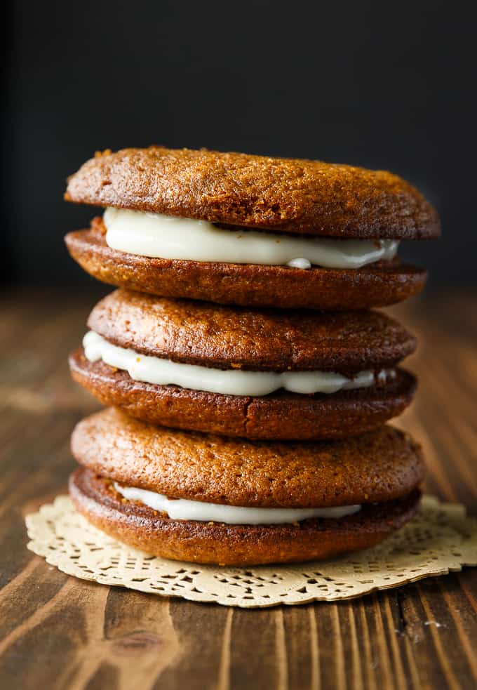 gingerbread whoopie pies stacked on top 