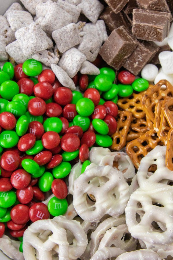 holiday snack mix in a bowl 