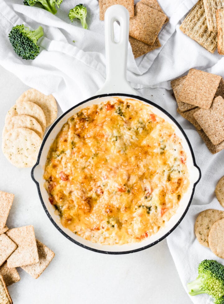 hot broccoli dip in the casserole pan