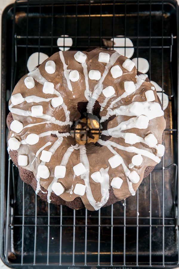 hot chocolate bundt cake on a cookie sheet