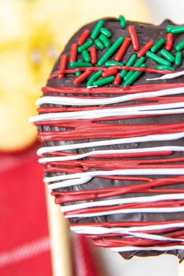 Christmas Chocolate Covered Apple Slices are a simple and easy no bake Christmas treat. Sliced apples decorated and ready to eat in minutes. #passion4savings #apples #dessert #christmas #sliced #dipped #chocolate #chocolatecovered #nobake #kidfriendly close up of a chocolate covered apple