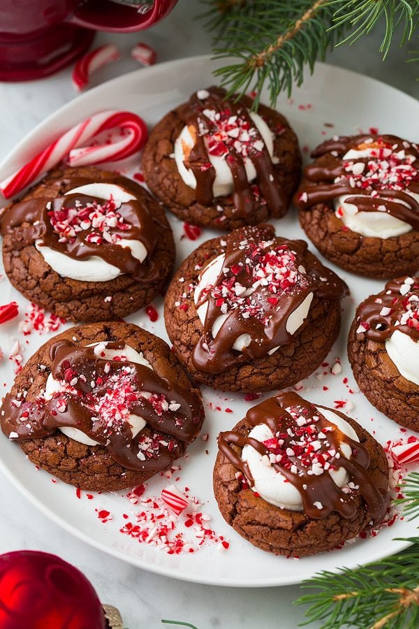 hot cohcolate cookies with crushed peppermint on top 