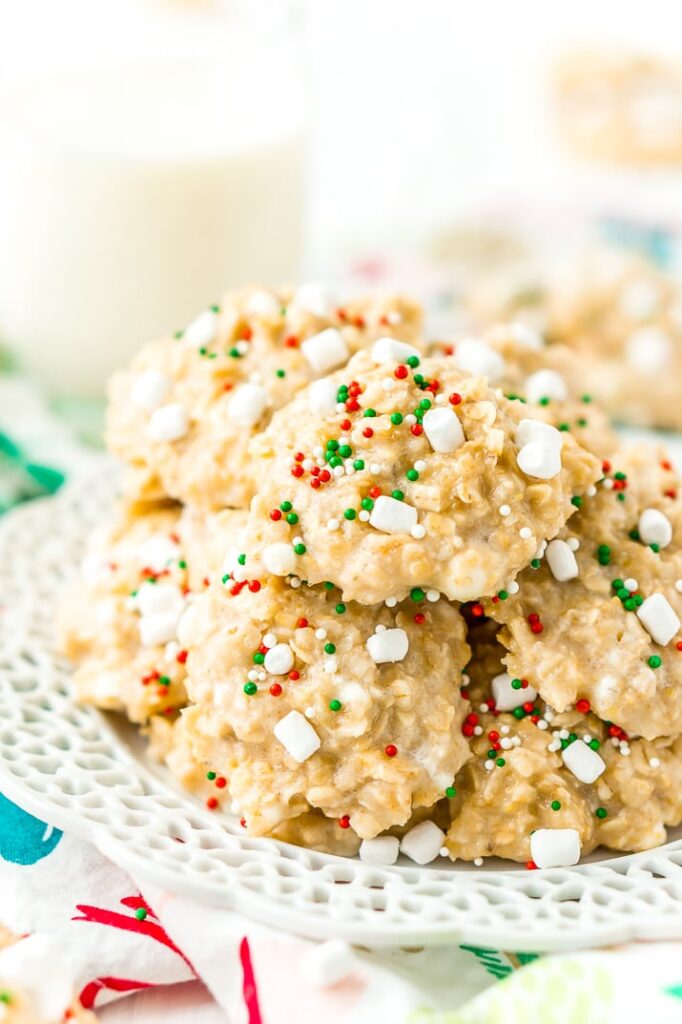 white chocolate hot chocolate cookies on plate with sprinkles 