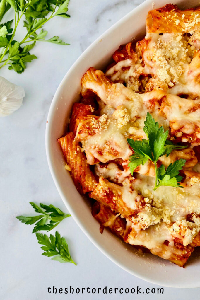 pasta al forno in pan on counter 