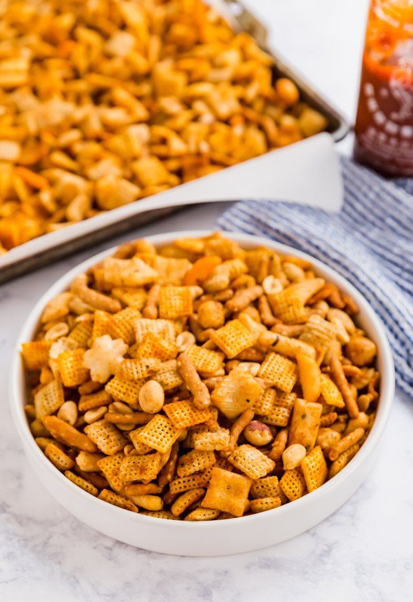 sriracha snack mix in a bowl 