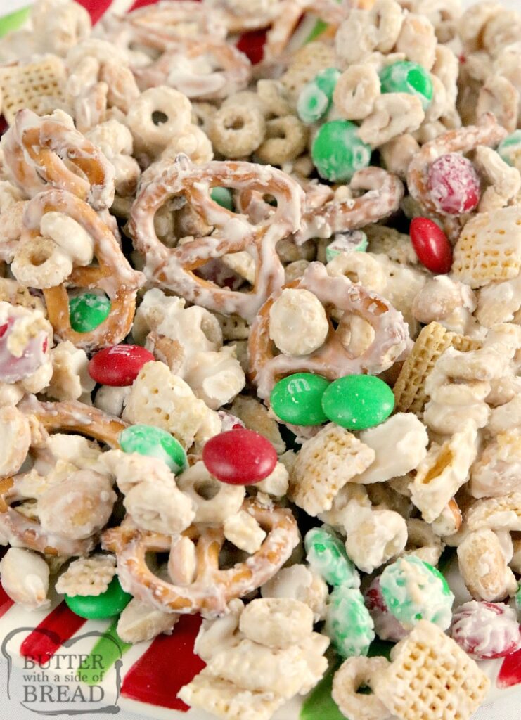 white chocolate coated chex mix spread out 