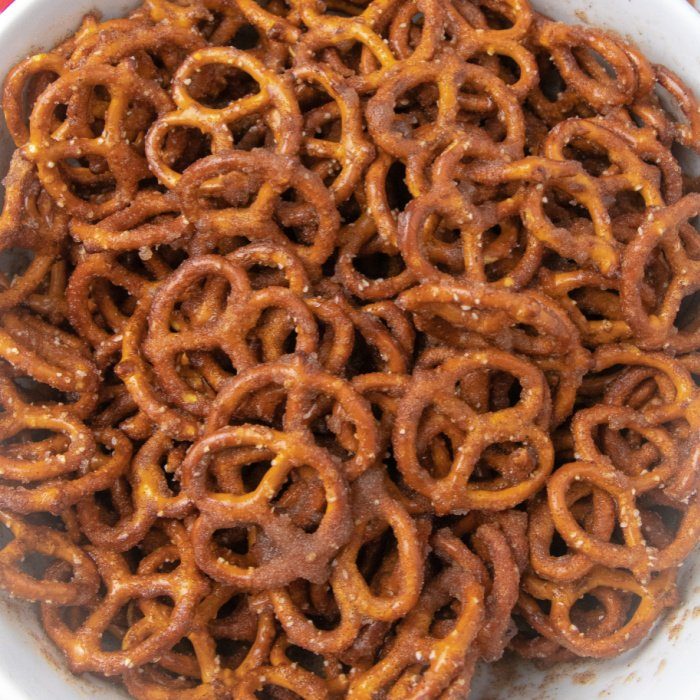 coated pretzels in a bowl 