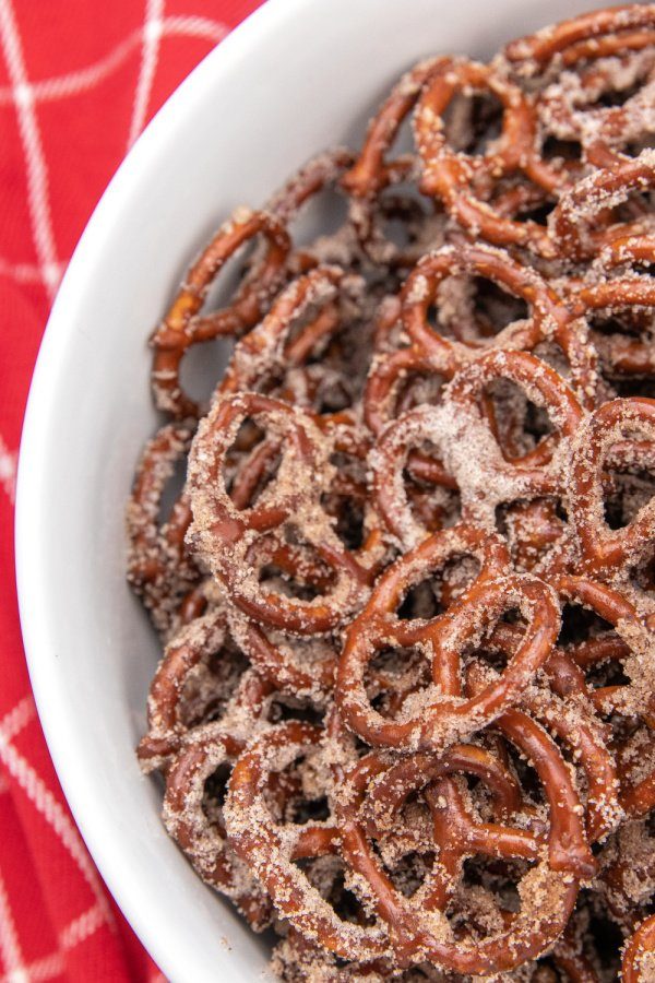 overhead shot of pretzels in bowl 