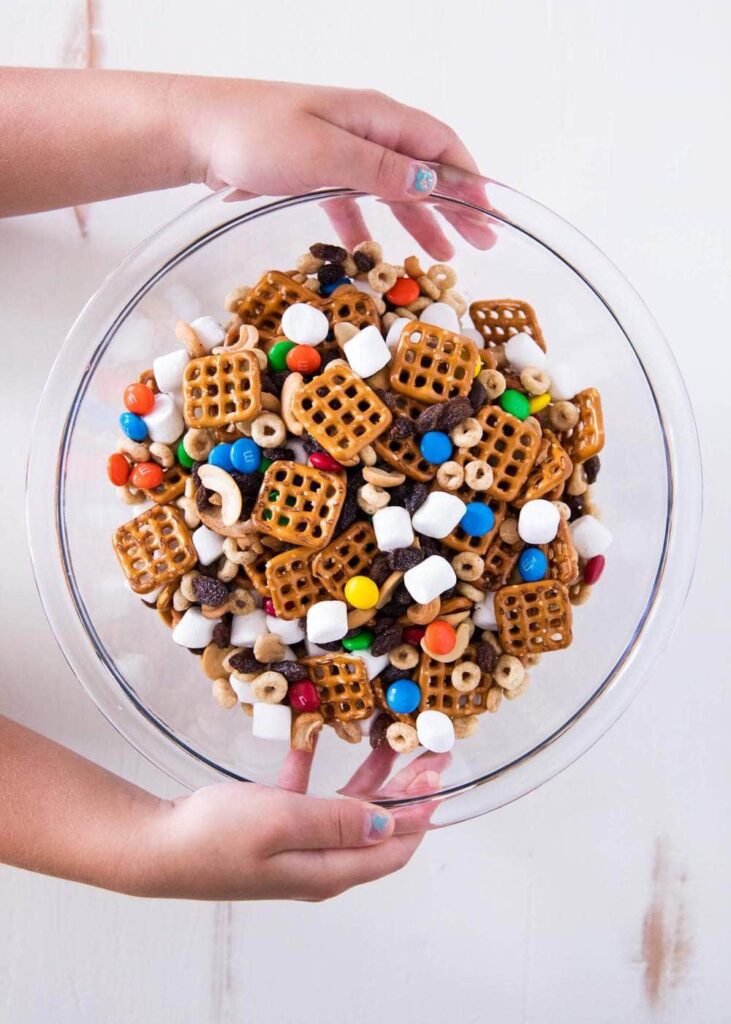 kid snack mix in bowl 