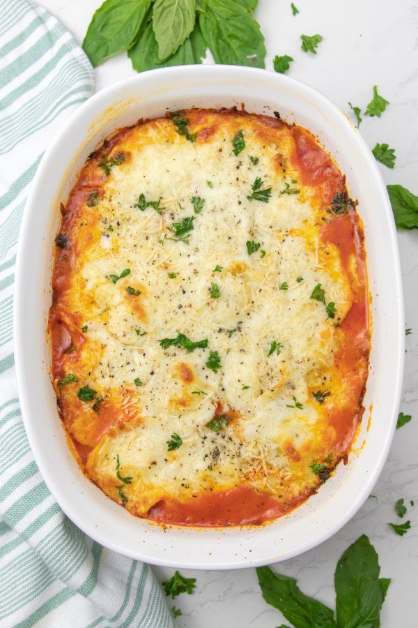 lazy lasagna in oval baking dish