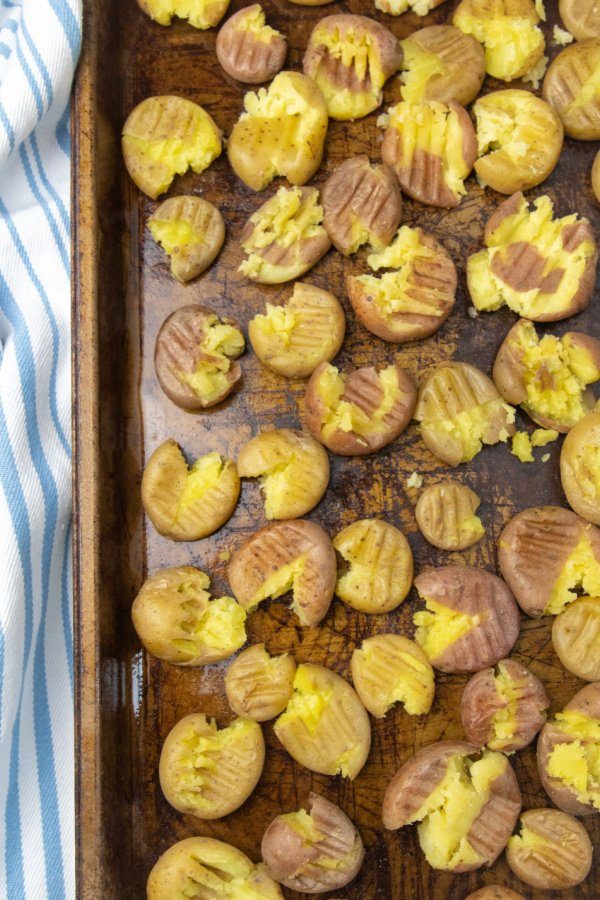 sheet pan with smashed potatoes