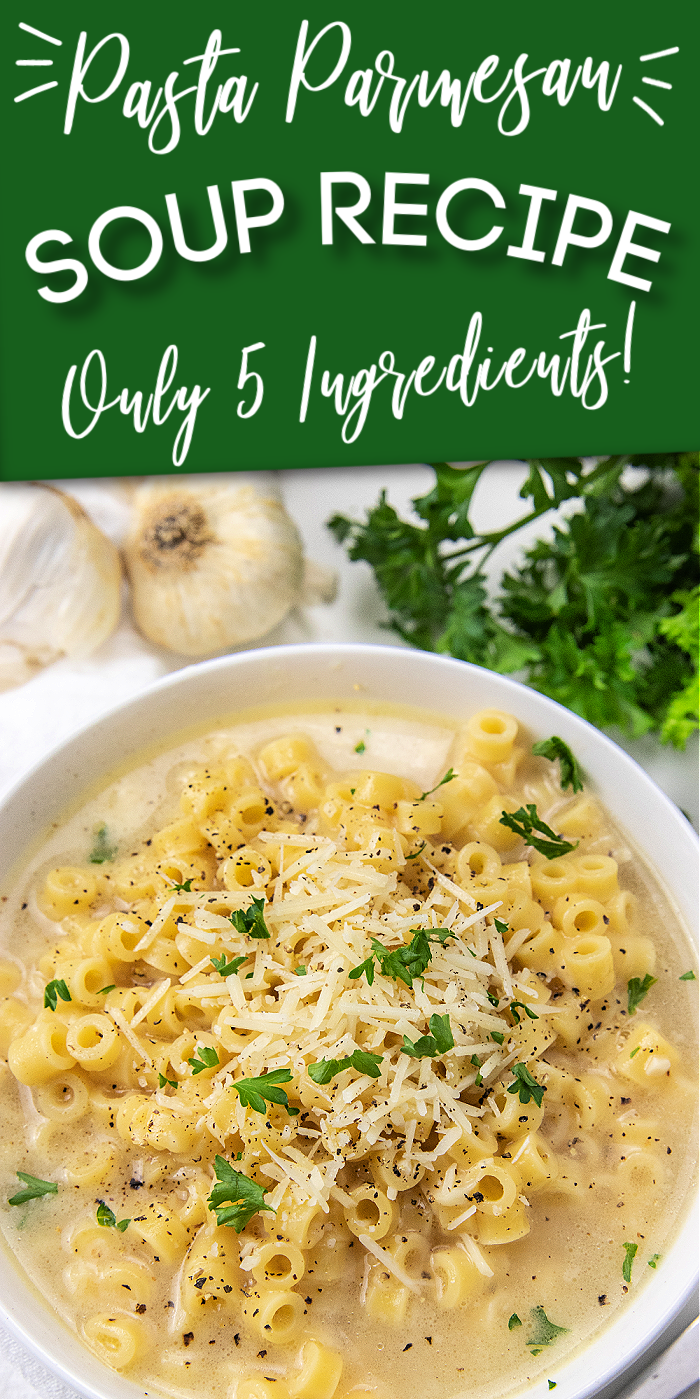Pasta Parmesan Soup is a comfort food soup that takes 5 ingredients to make. A wholesome pasta soup that is topped with tangy parmesan cheese. #passion4savings #pasta #soup #recipe #dinner #easy #5ingredient #quick #simple #20minute #homemade #budget #affordable pasta parmesan soup