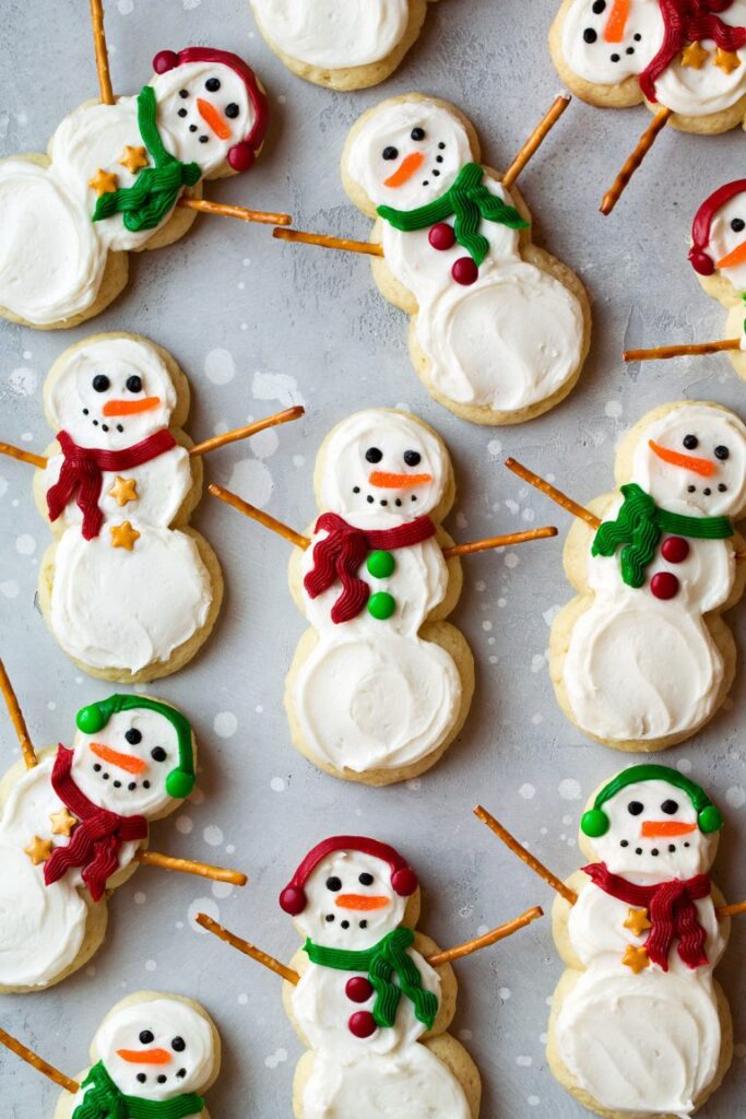 snowman cookies on table 