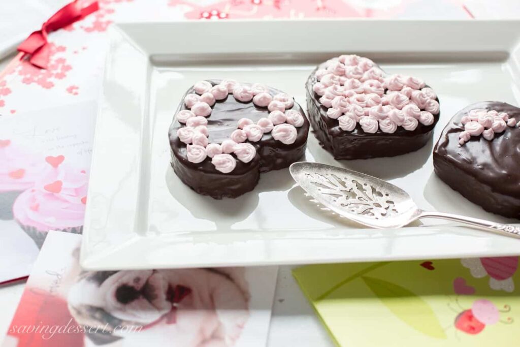 chocolate heart cakes on platter 