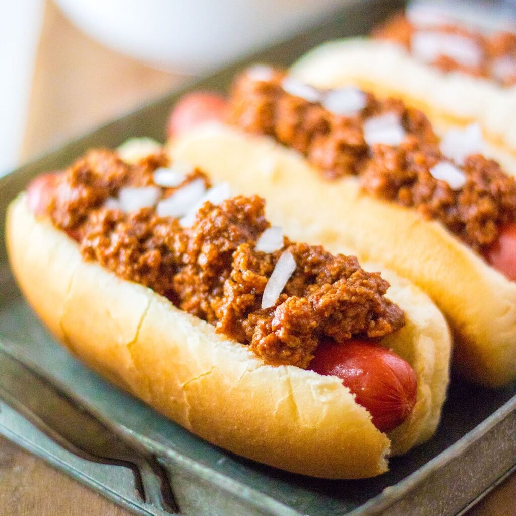 chili dogs on platter 
