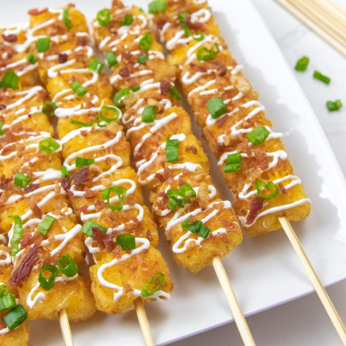 tater tot skewers on tray 