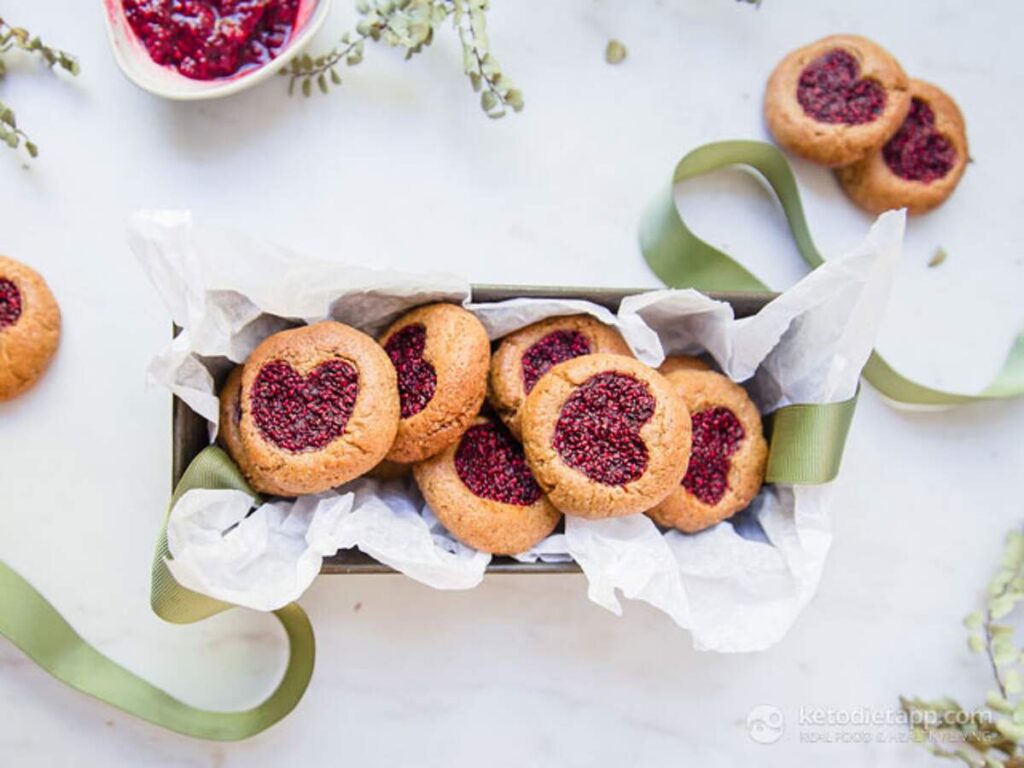 thumbprint heart cookies in a tray 