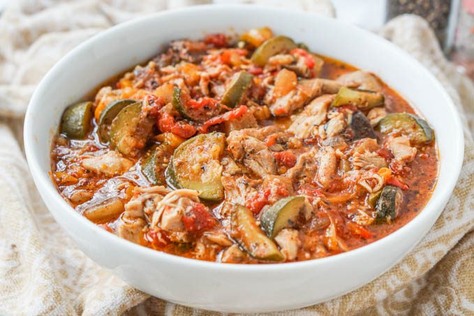 ratatouie in a white bowl on counter