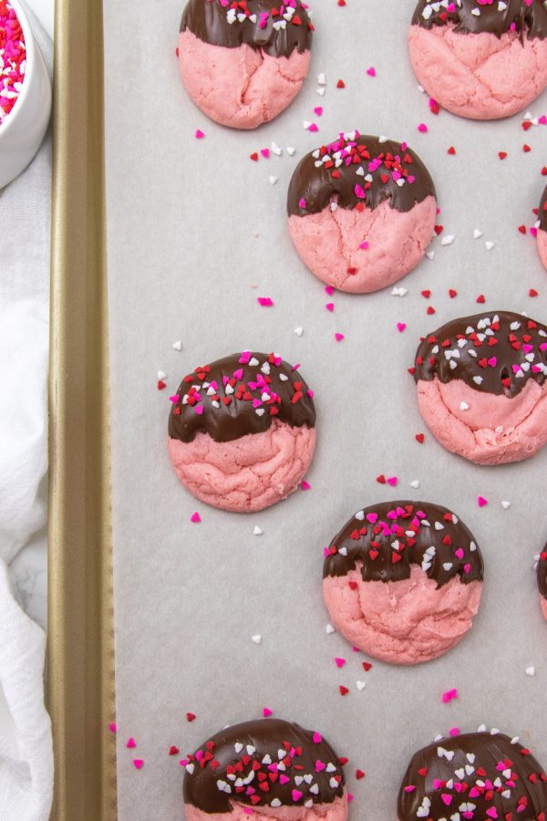 valentine cookies on baking sheet pan 
