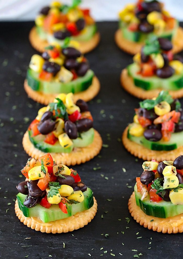 black bean corn salsa on a cracker 