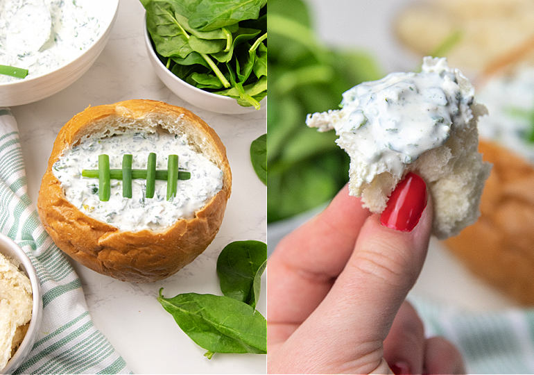 holding dip on bread and football bread bowl collage