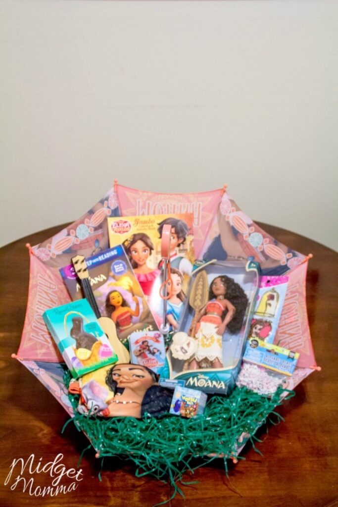 umbrella shaped easter basket with moana toys 