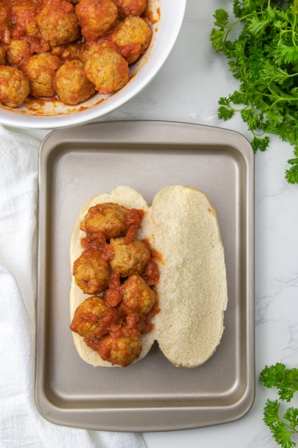 meatball sandwich on baking sheet 