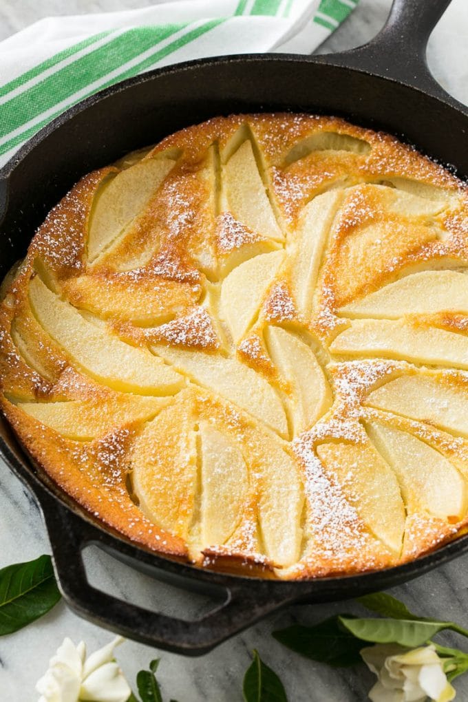 pear custard pie in a cast iron skillet 