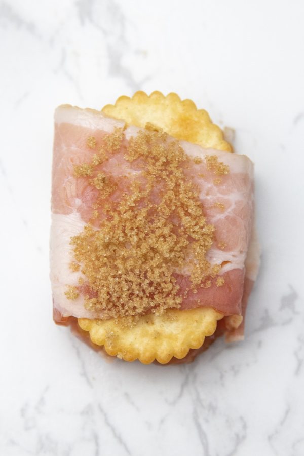 cracker wrapped in cheese and bacon 