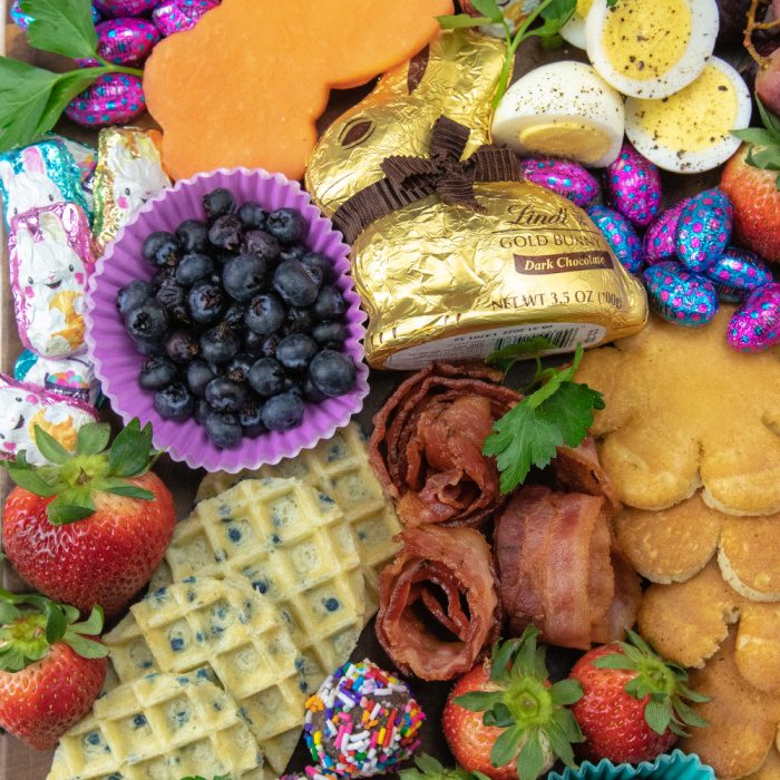 overhead shot of breakfast Easter board 