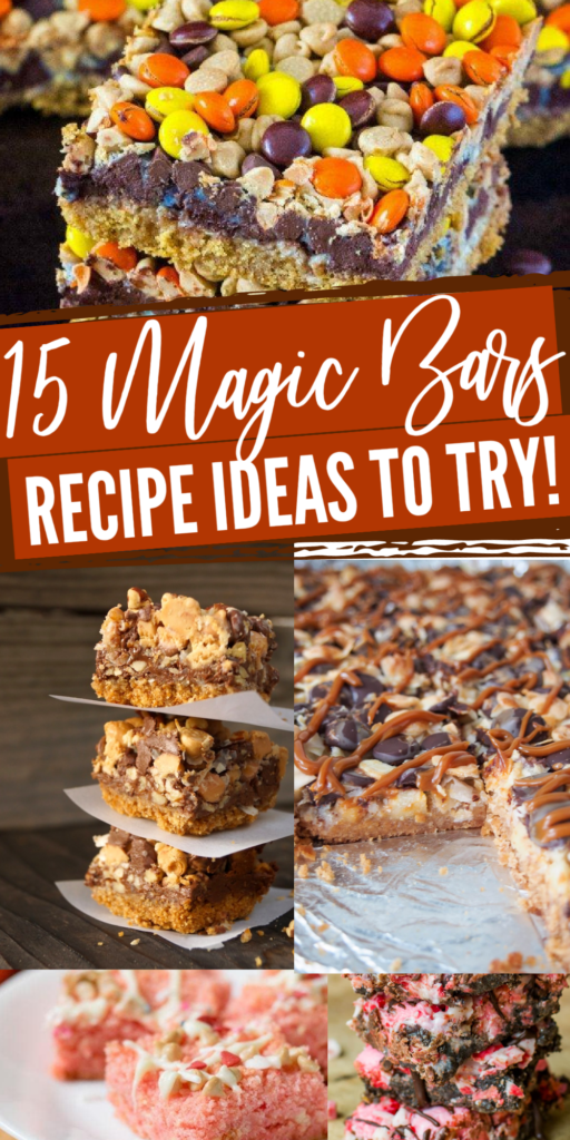 Whip up one or more of these magic bars recipes. A delicious layered dessert that bakes to a gooey and sweet cookie bar! A must try list. #magicbars #dessert #layered #idea #treat #forthefamily #potluck collage of magic bars