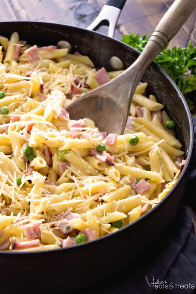 ham pasta skillet dinner in pan 