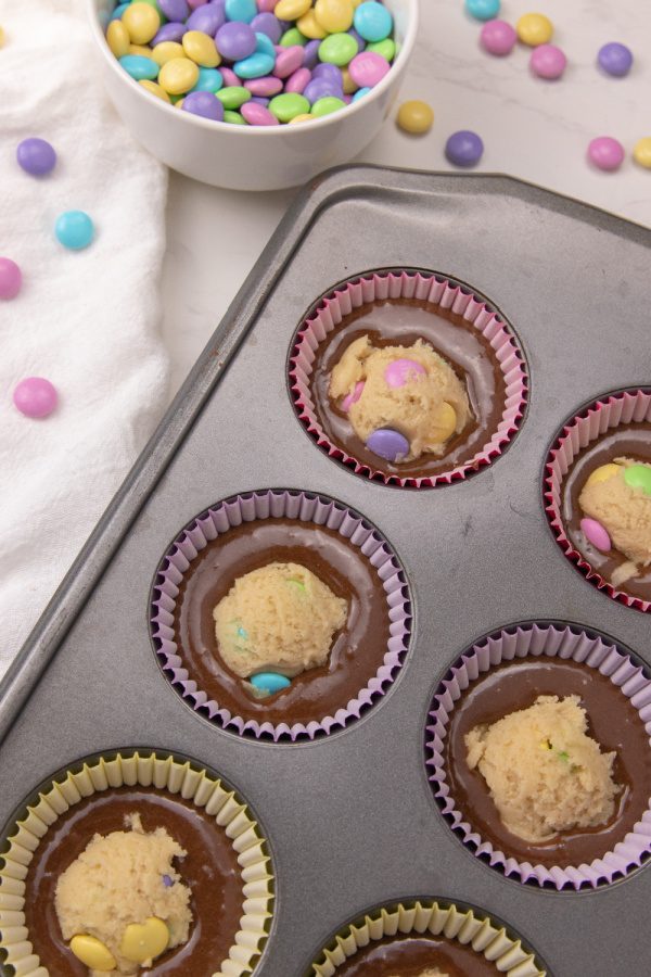 brookies with Easter M&M's in a muffin tin 