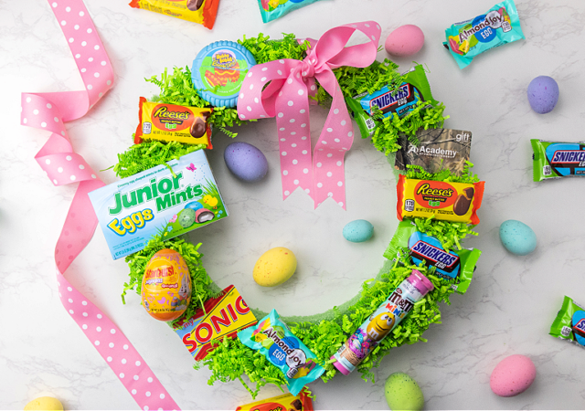 candy Easter wreath on table