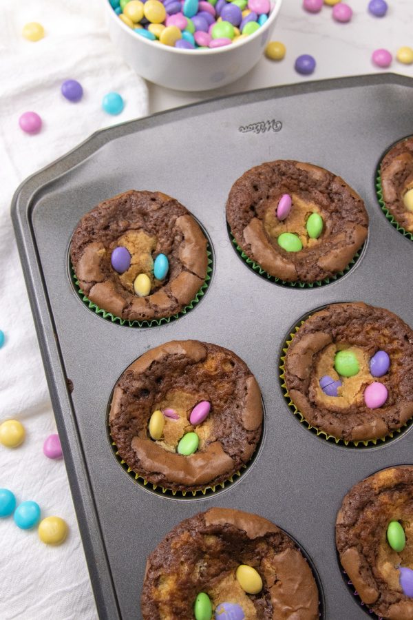 overhead shot of brookies in muffin tin 