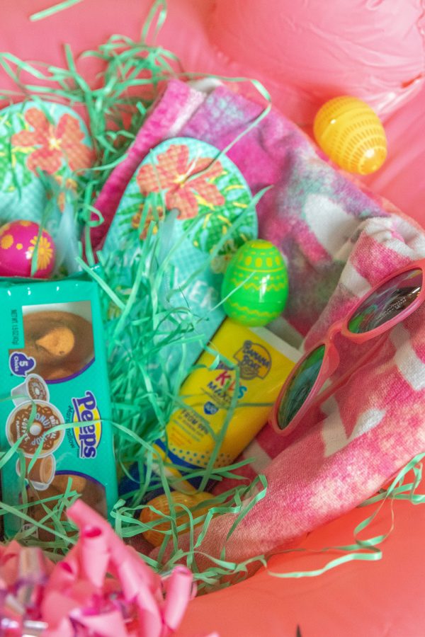 close up of easter basket in pool floaties