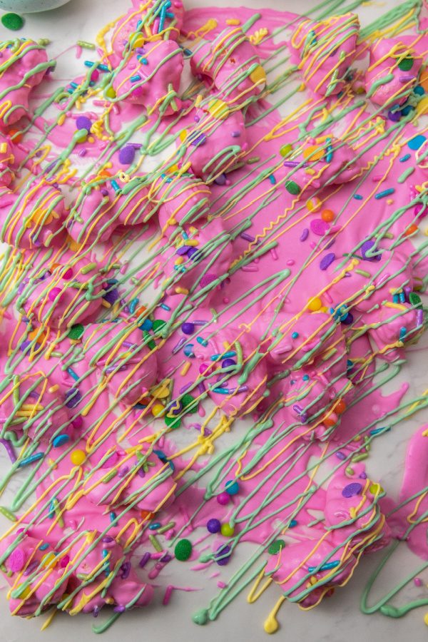 drizzled chocolate on top of puffed corn