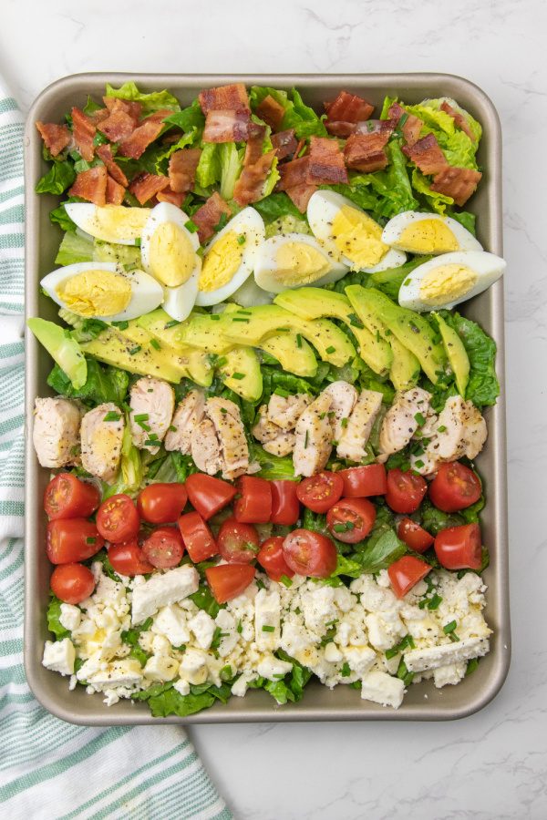 overhead of cobb salad on sheet pan 