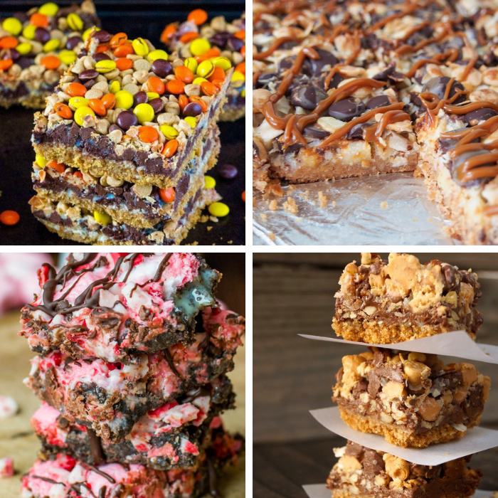 Whip up one or more of these magic bars recipes. A delicious layered dessert that bakes to a gooey and sweet cookie bar! A must try list. #magicbars #dessert #layered #idea #treat #forthefamily #potluck homemade magic bars collage