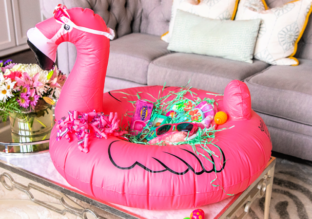 pool float easter basket made from a pink flamingo pool floatie