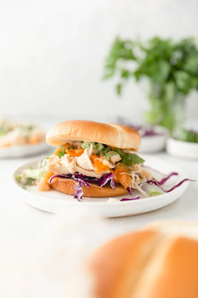 Check out these pineapple recipes for summer! Grab your favorite tropical fruit and whip up these easy dinners and desserts. #passion4savings #pineapple #recipes #desserts #dinner #easy #best #summer #recipeideas pineapple chicken sandwich on plate with slaw