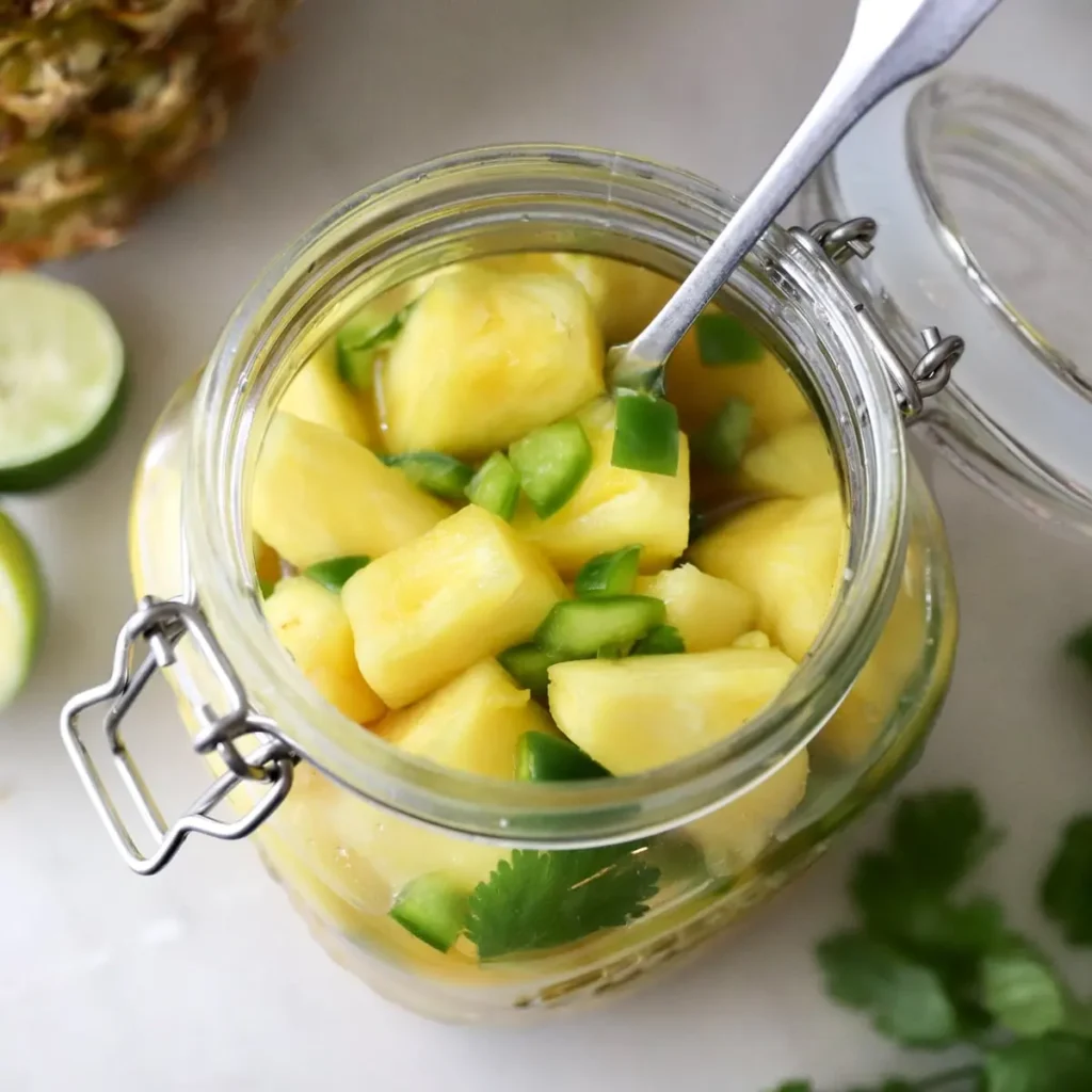 Check out these pineapple recipes for summer! Grab your favorite tropical fruit and whip up these easy dinners and desserts. #passion4savings #pineapple #recipes #desserts #dinner #easy #best #summer #recipeideas pickled pineapple in mason jar