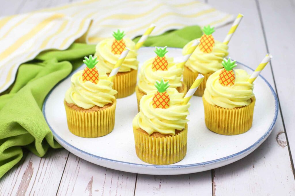 pineapple soda cupcakes on platter 