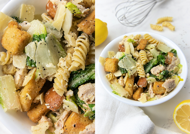 caesar pasta salad recipe collage