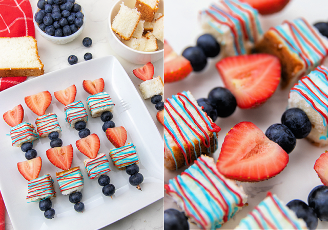 red white and blue patriotic s'mores on a plate with the ingredients cake and blueberries in bowls around it