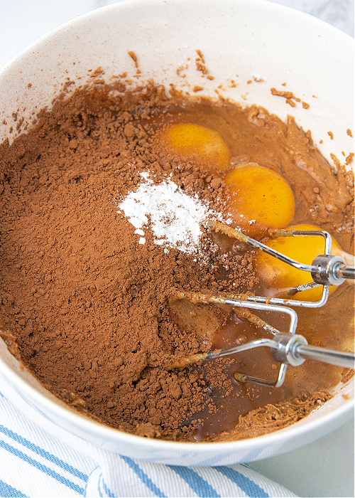 Ingredients in a bowl about to be mixed into Keto Brownies